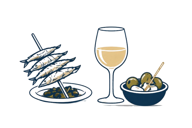 Espetos, wine and olives