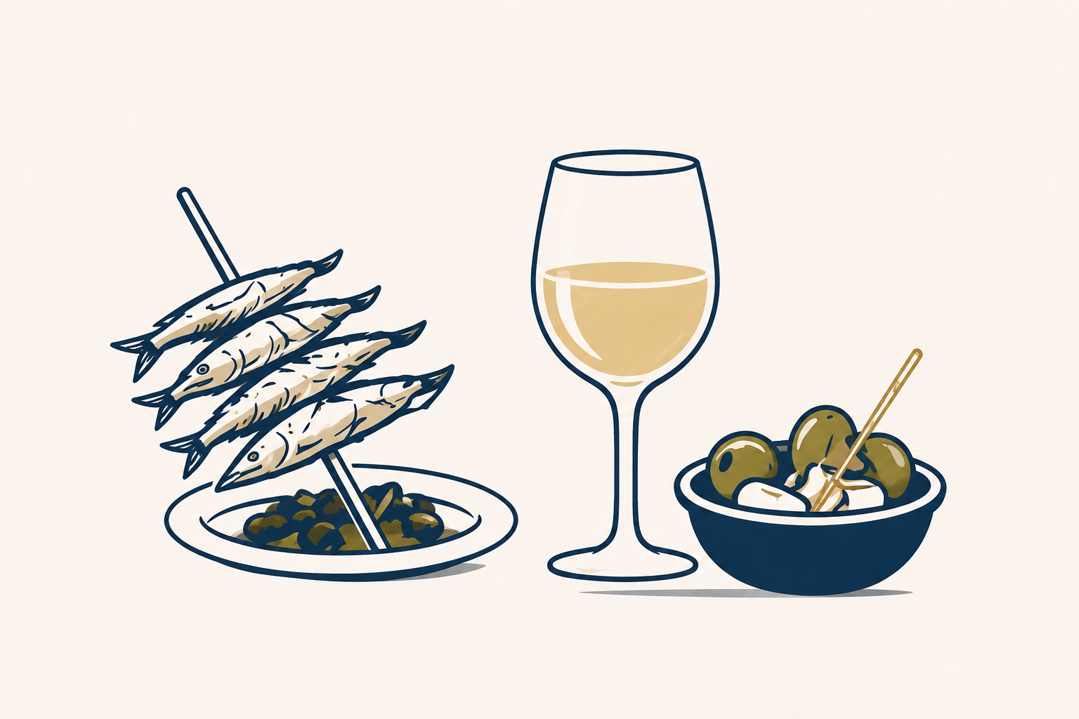 Espetos, wine and olives
