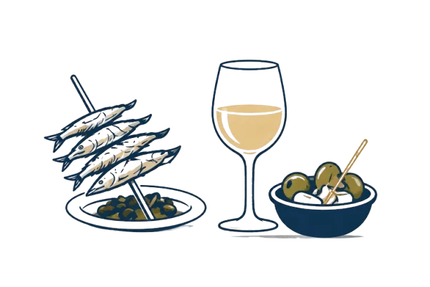 Espetos, wine and olives